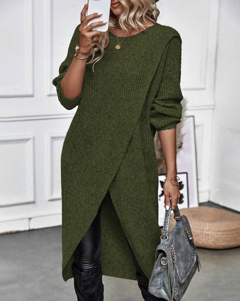 Women's Ribbed Sweater Dress with Side Slit Long Sleeve