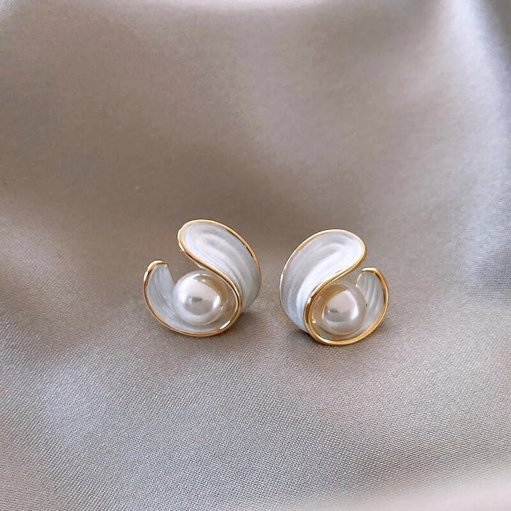 Gold Pearl and White Enamel Stud Earrings