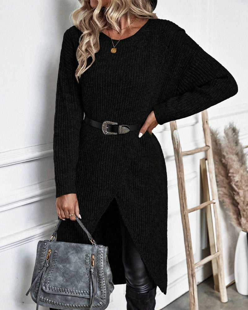 Women's Ribbed Sweater Dress with Side Slit Long Sleeve