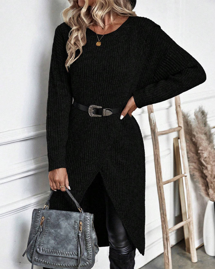 Women's Ribbed Sweater Dress with Side Slit Long Sleeve