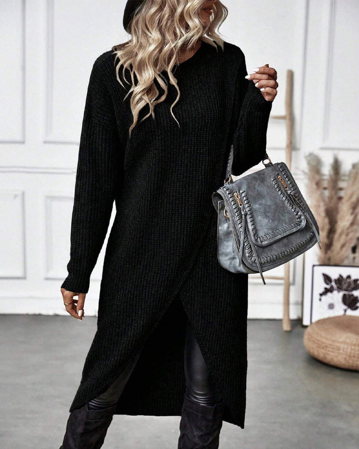 Women's Ribbed Sweater Dress with Side Slit Long Sleeve