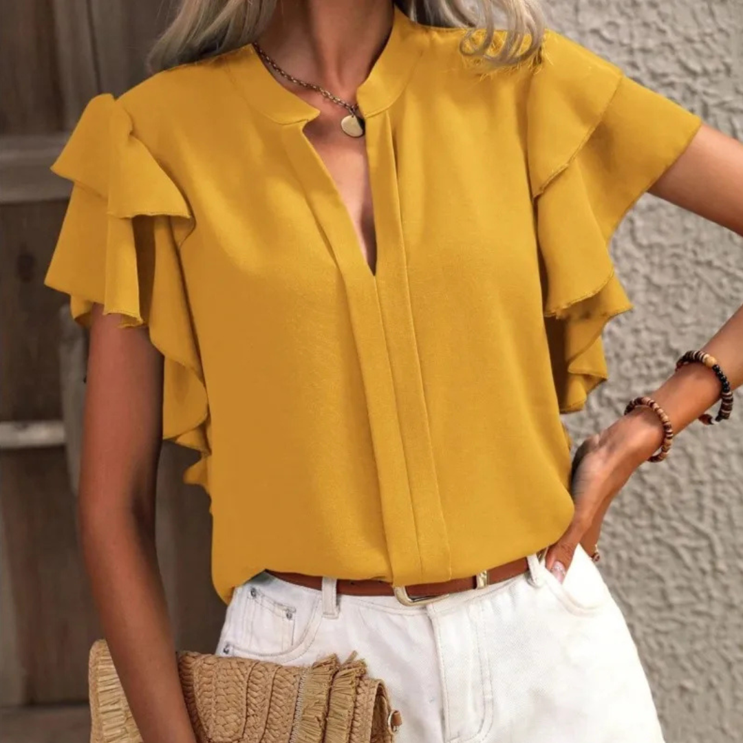 Women’s Blouse | Ruffle Short Sleeve V-shaped Neckline