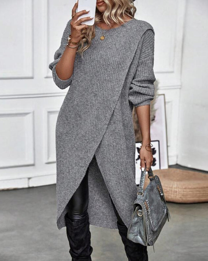 Women's Ribbed Sweater Dress with Side Slit Long Sleeve