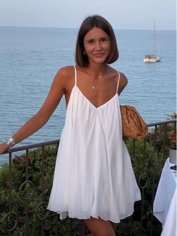 Calista | Women's White Chiffon V-Neck Spaghetti Strap Mini Dress