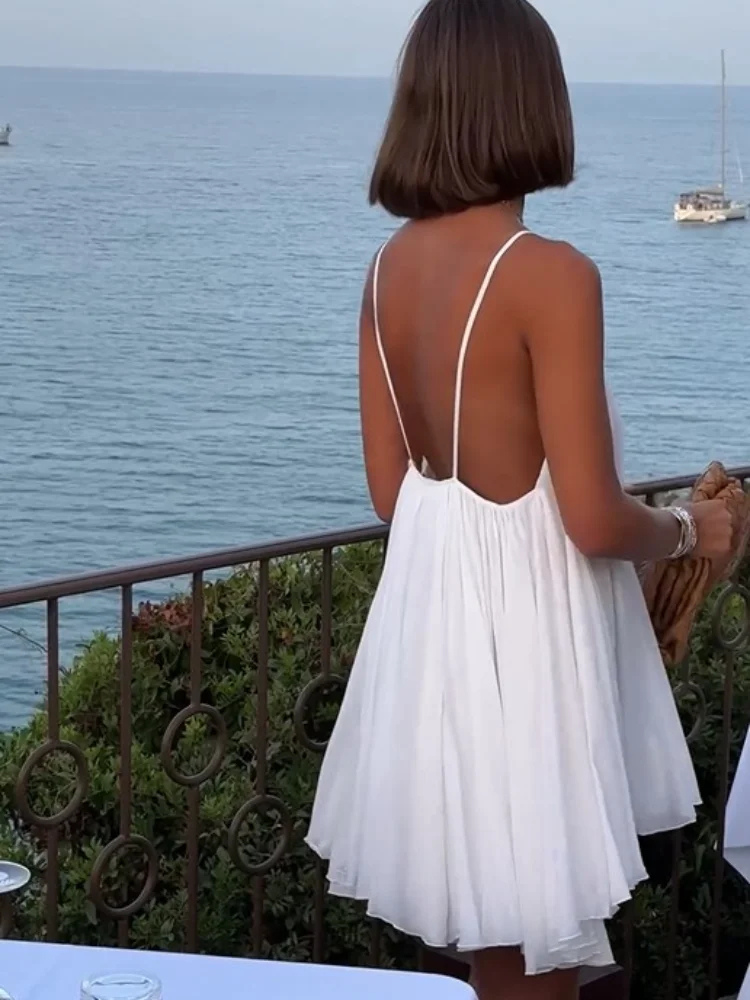 Calista | Women's White Chiffon V-Neck Spaghetti Strap Mini Dress
