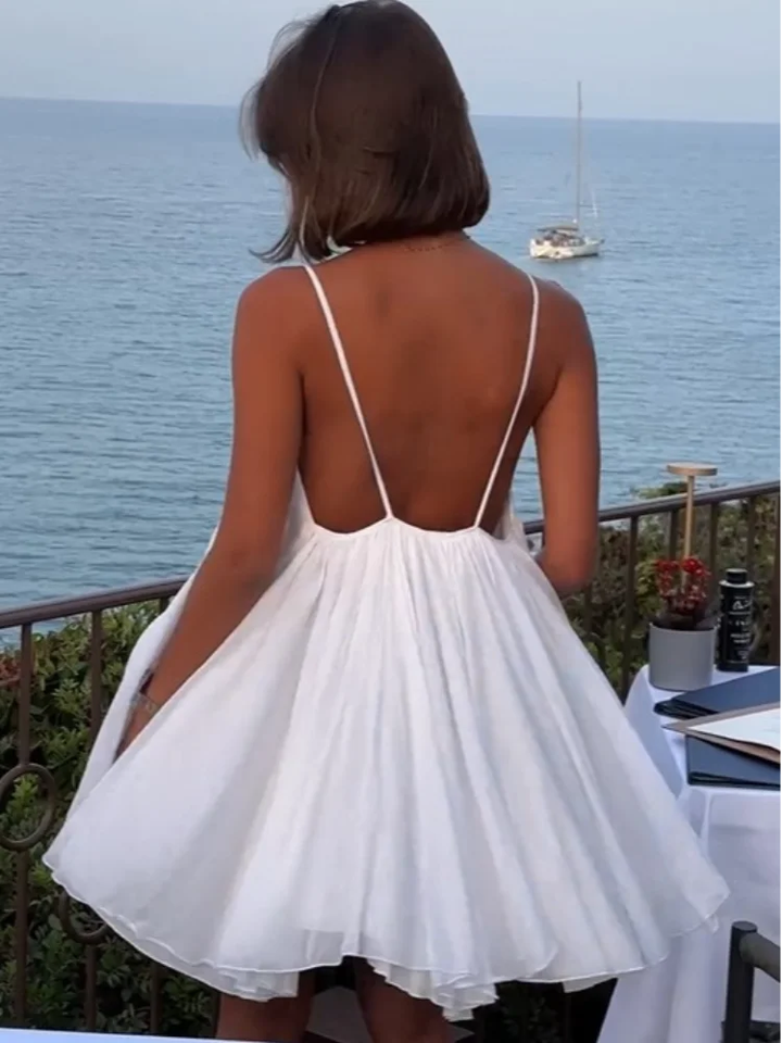 Calista | Women's White Chiffon V-Neck Spaghetti Strap Mini Dress