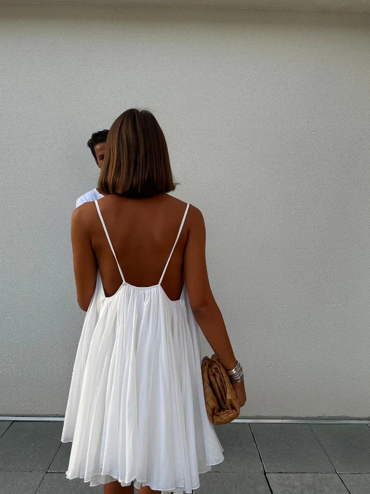 Calista | Women's White Chiffon V-Neck Spaghetti Strap Mini Dress