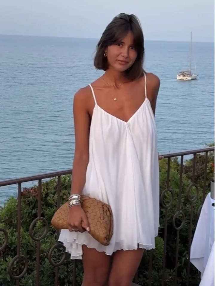 Calista | Women's White Chiffon V-Neck Spaghetti Strap Mini Dress