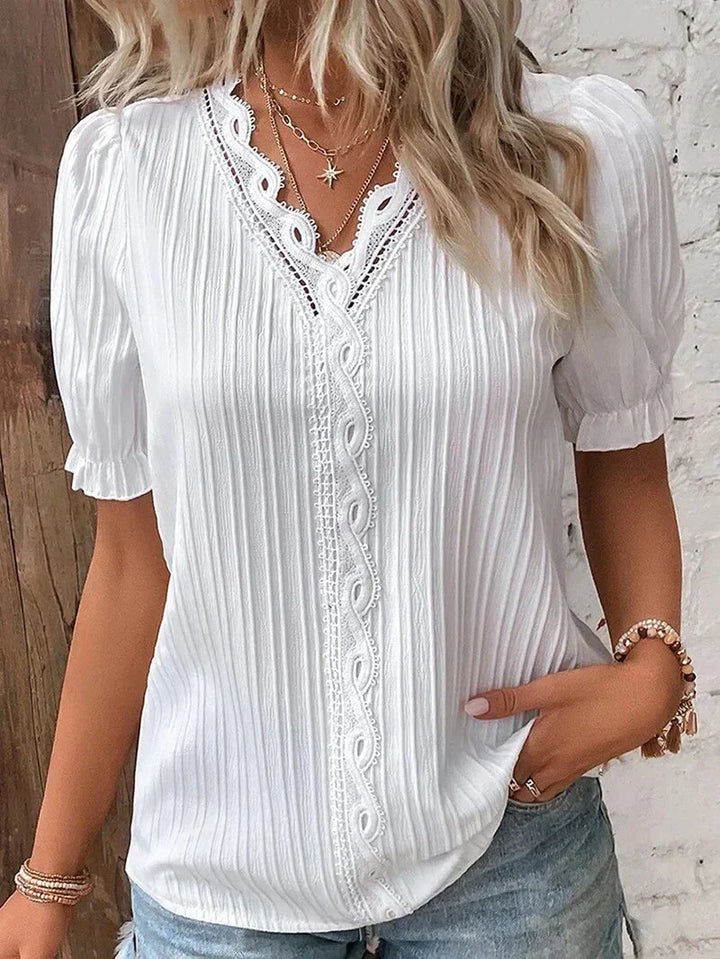 Women's Blouse | Pleated V-Neck Button Detail