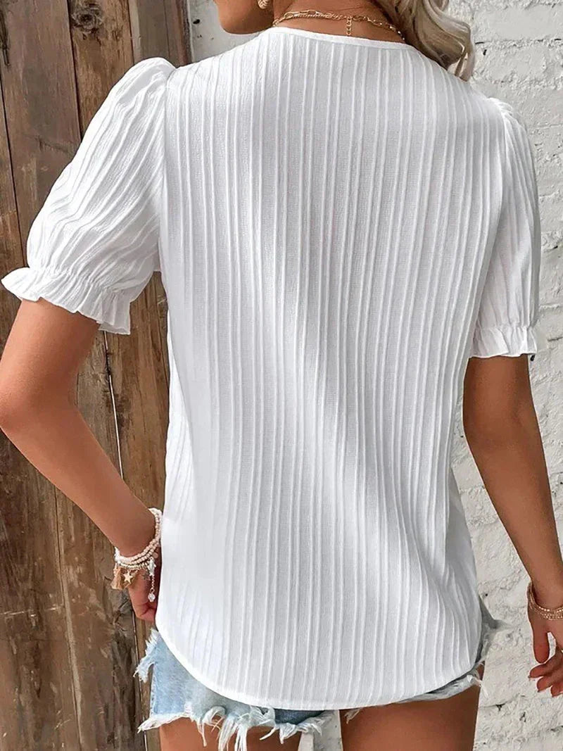 Women's Blouse | Pleated V-Neck Button Detail