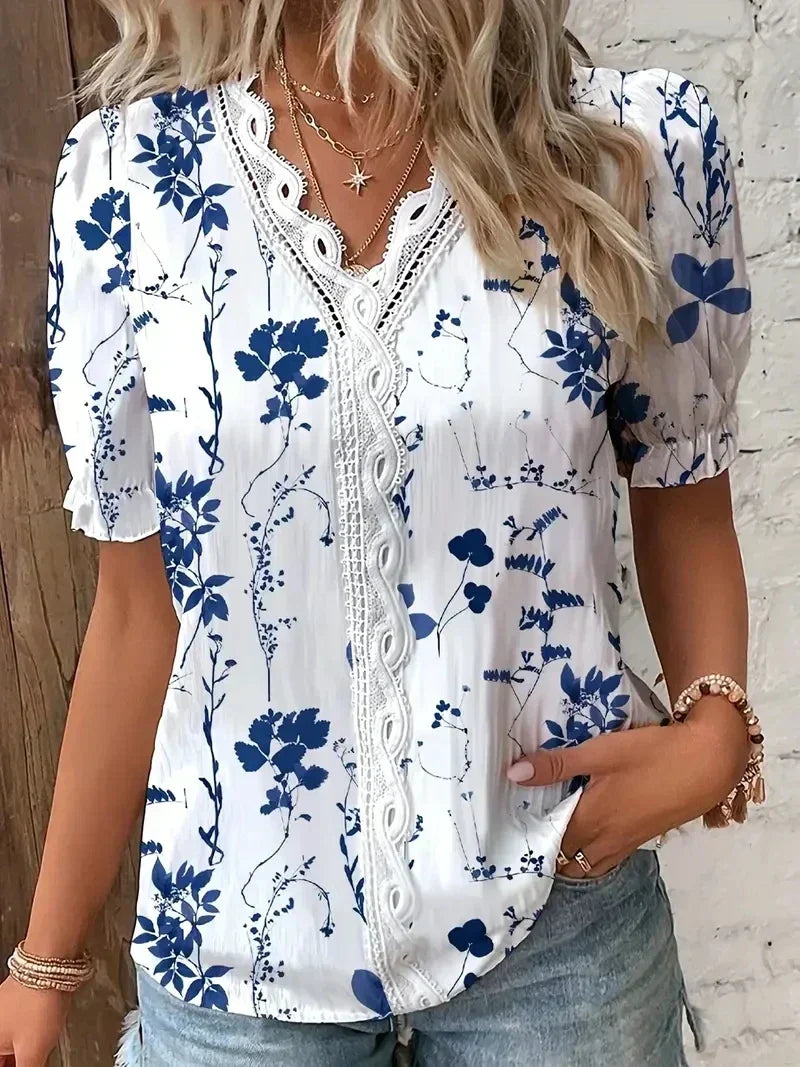 Women’s Blouse | Lace V-Neck Printed