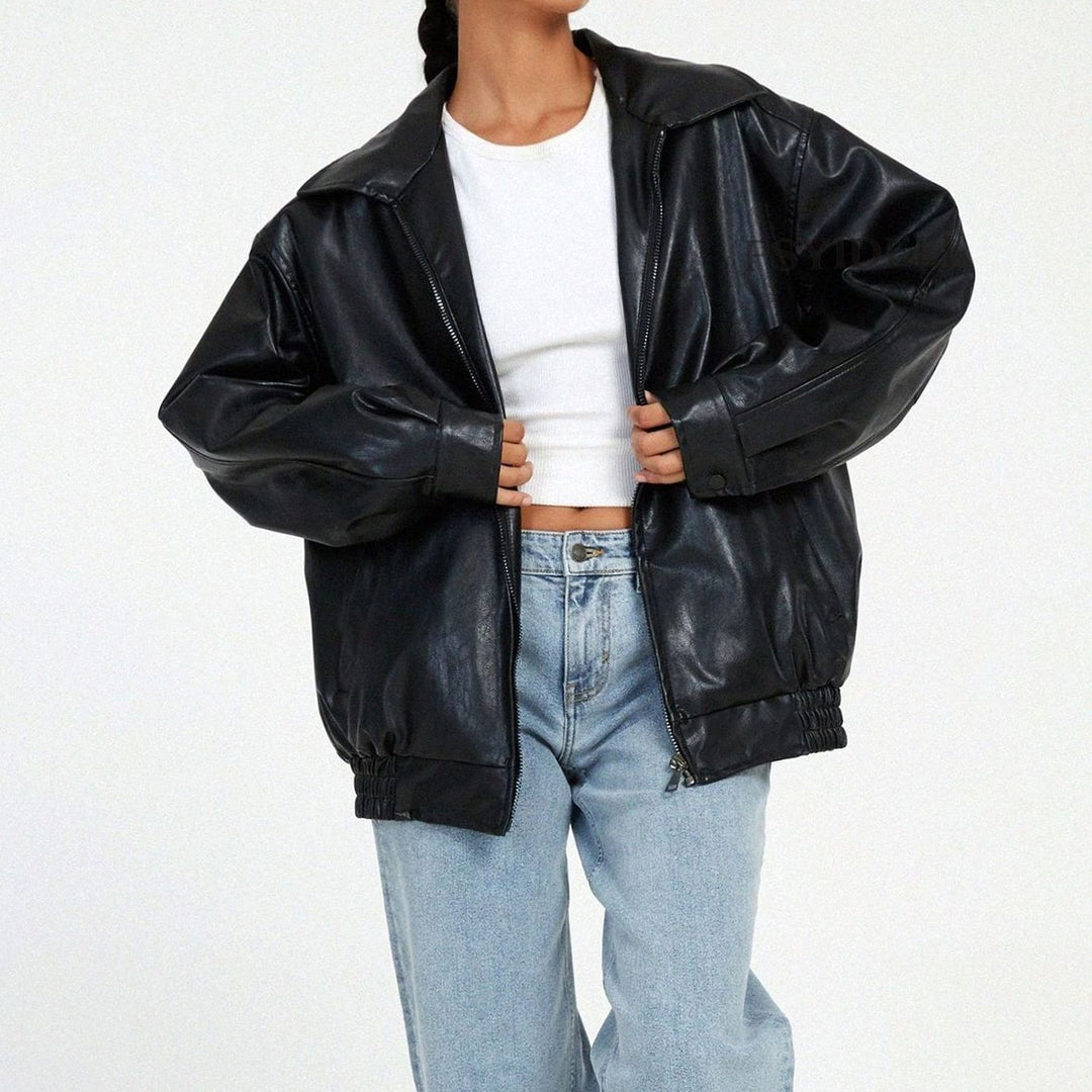 Juniper | Women's Oversized Relaxed-Fit Zip-Up Faux Leather Trendy Jacket