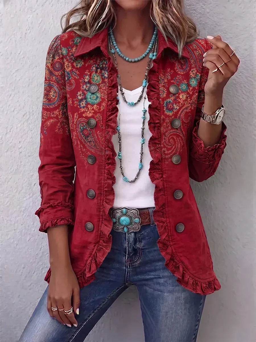 Kamberly | Boho-Chic Floral Embroidered Utility Ruffled Trim Jacket