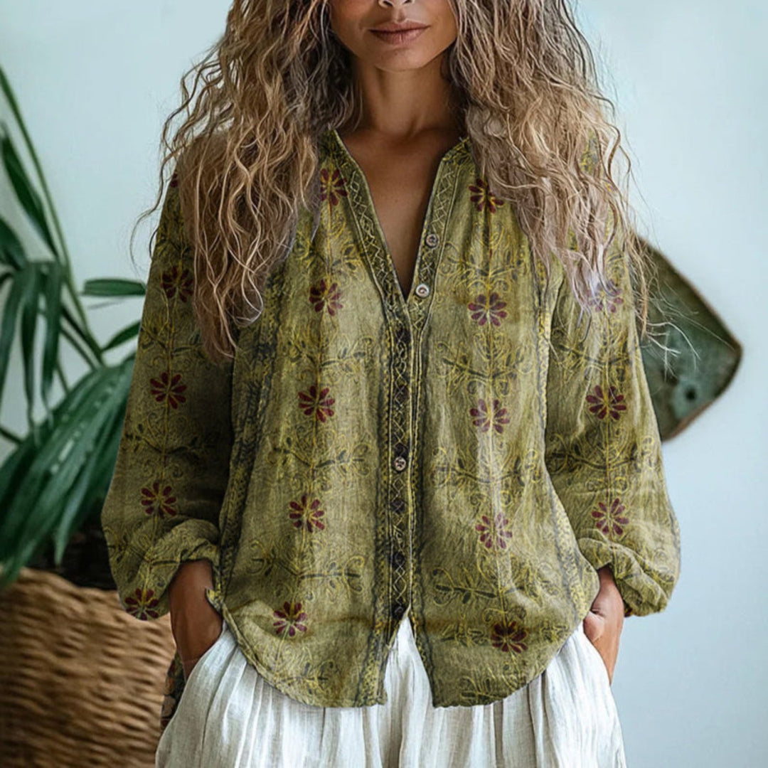 Evelyn | Women's Boho Linen Button-Down Cardigan Blouse Long Sleeve V-Neck