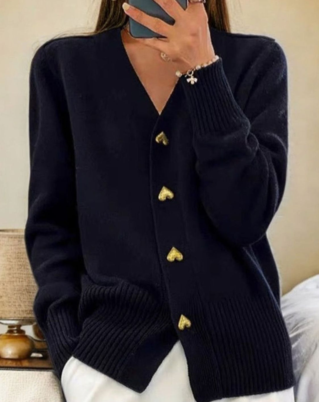 Evelyn | Women's V-Neck Heart-Button Knit Cardigan Sweater